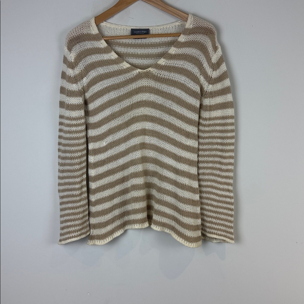 Wooden Ships Tan and Cream Striped Knit Sweater Size S/M